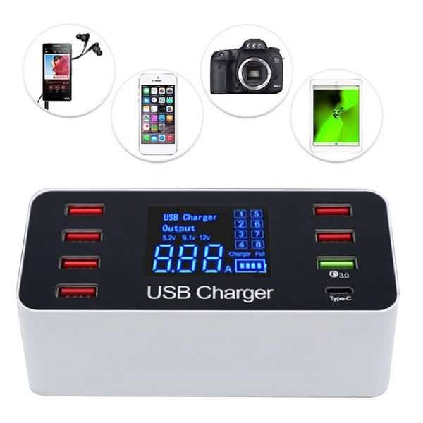 8A40W Charger Adapter Type C Hubs Quick Charge 3.0 USB Multi Port USB Charger Dock Station LCD Display with Smart Identification Computer Accessories - DailySale
