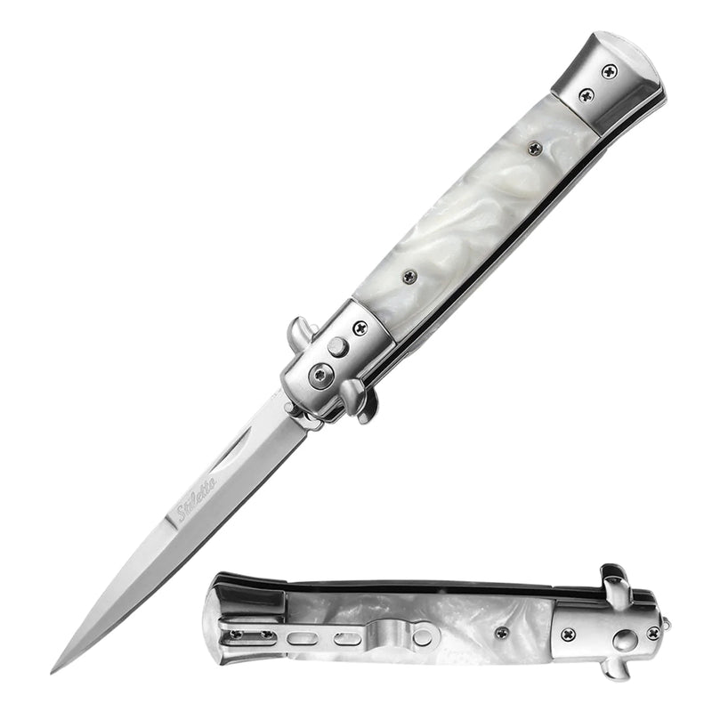 9” Automatic Out-The-Side Knife Tactical White Marble - DailySale