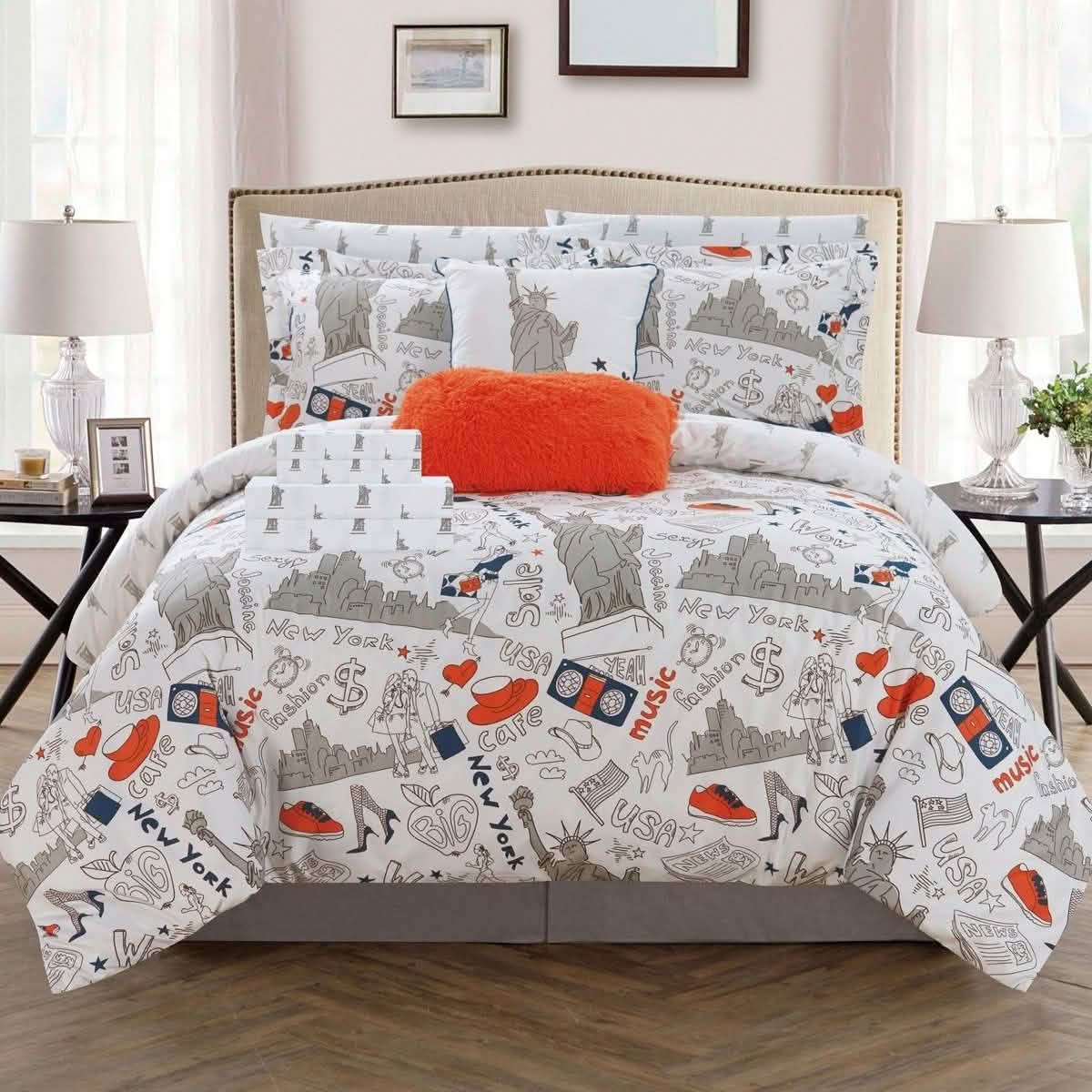 9-Piece Set: Liberty Reversible Comforter Set New York Theme Printed Design Bed Linen & Bedding Twin Orange - DailySale