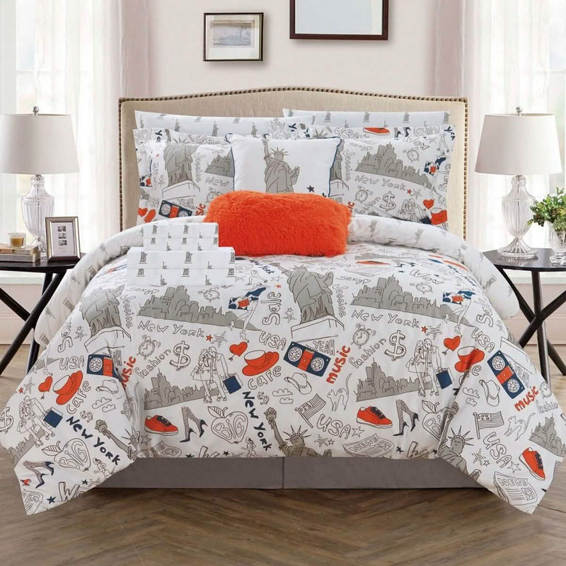 9-Piece Set: Liberty Reversible Comforter Set New York Theme Printed Design Bed Linen & Bedding Twin Orange - DailySale