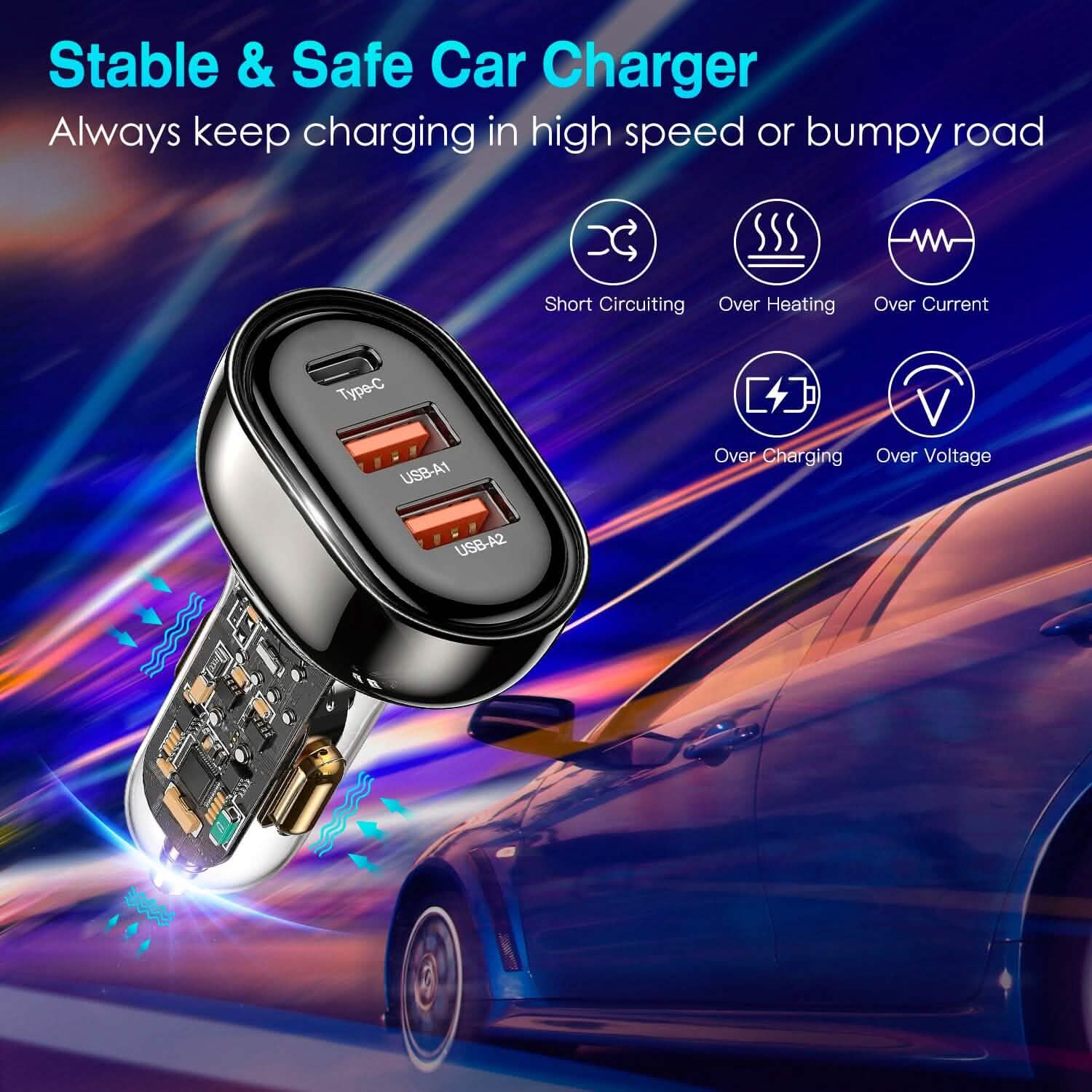 90W 3 Ports Fast Car Charger USB and Type C Automotive - DailySale