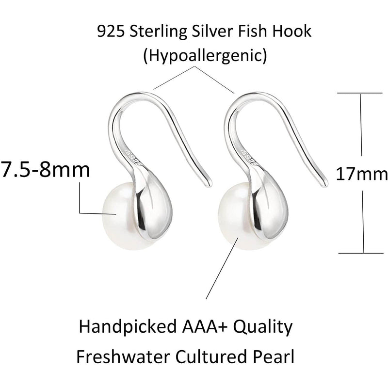 925 Sterling Silver 7.5-8mm White Freshwater Cultured Pearl Dangle Drop Earrings Earrings - DailySale