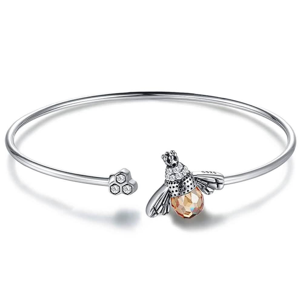 925 Sterling Silver Bee Shape Cubic Zirconia and Austria Crystal Cuff Bracelet Bracelets - DailySale