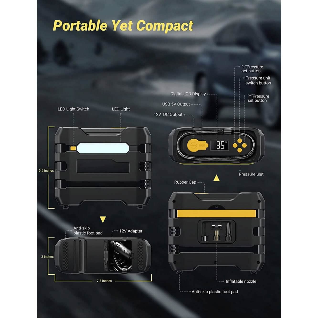 A6 Car Tire Inflator 12V DC Air Compressor Portable Multifunctional Tire Pump 3 LED Lights Automotive - DailySale