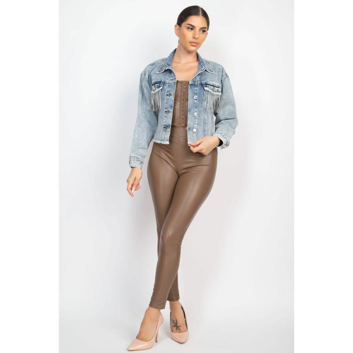 Accented Rhinestones Pocketed Denim Jacket Women's Outerwear - DailySale