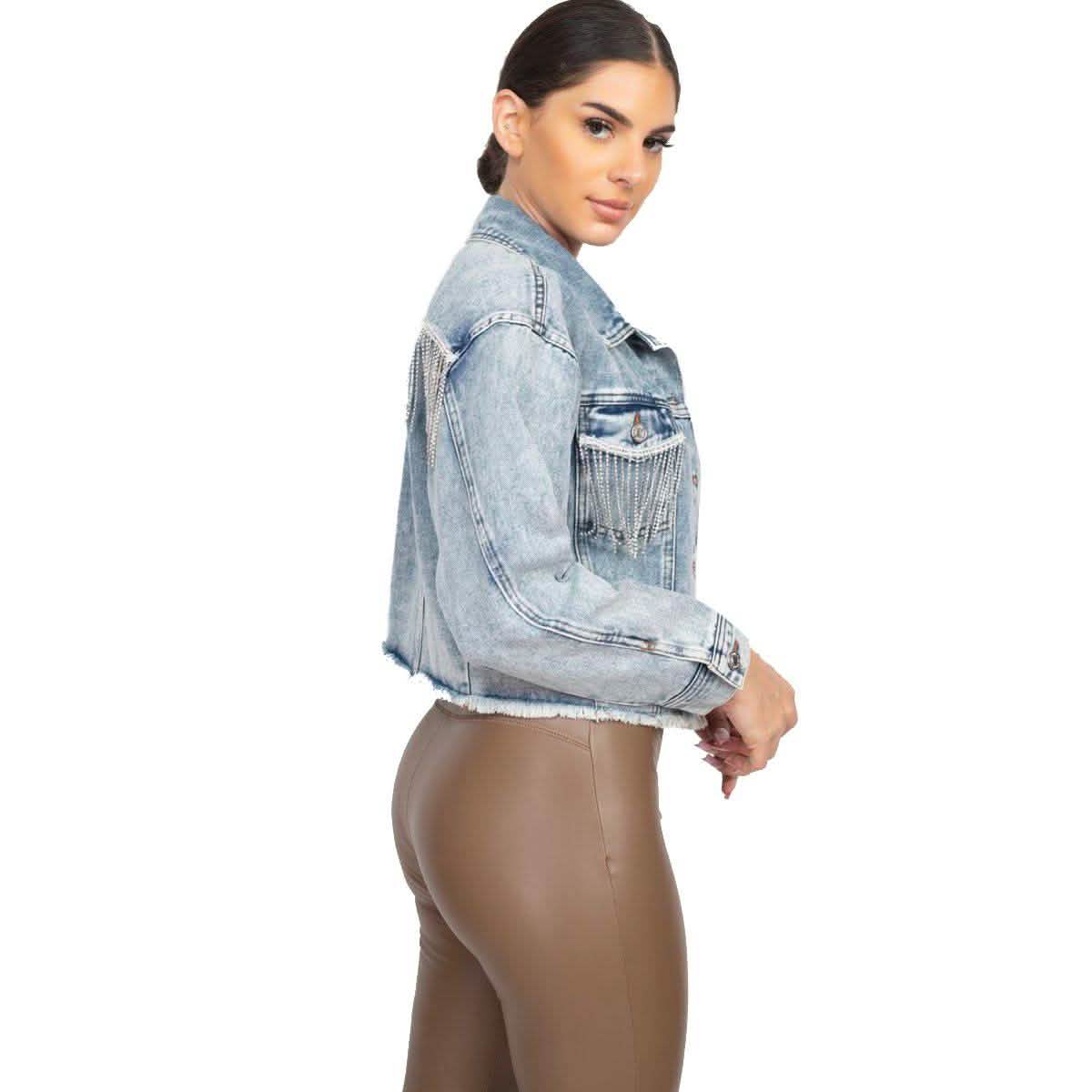 Accented Rhinestones Pocketed Denim Jacket Women's Outerwear - DailySale