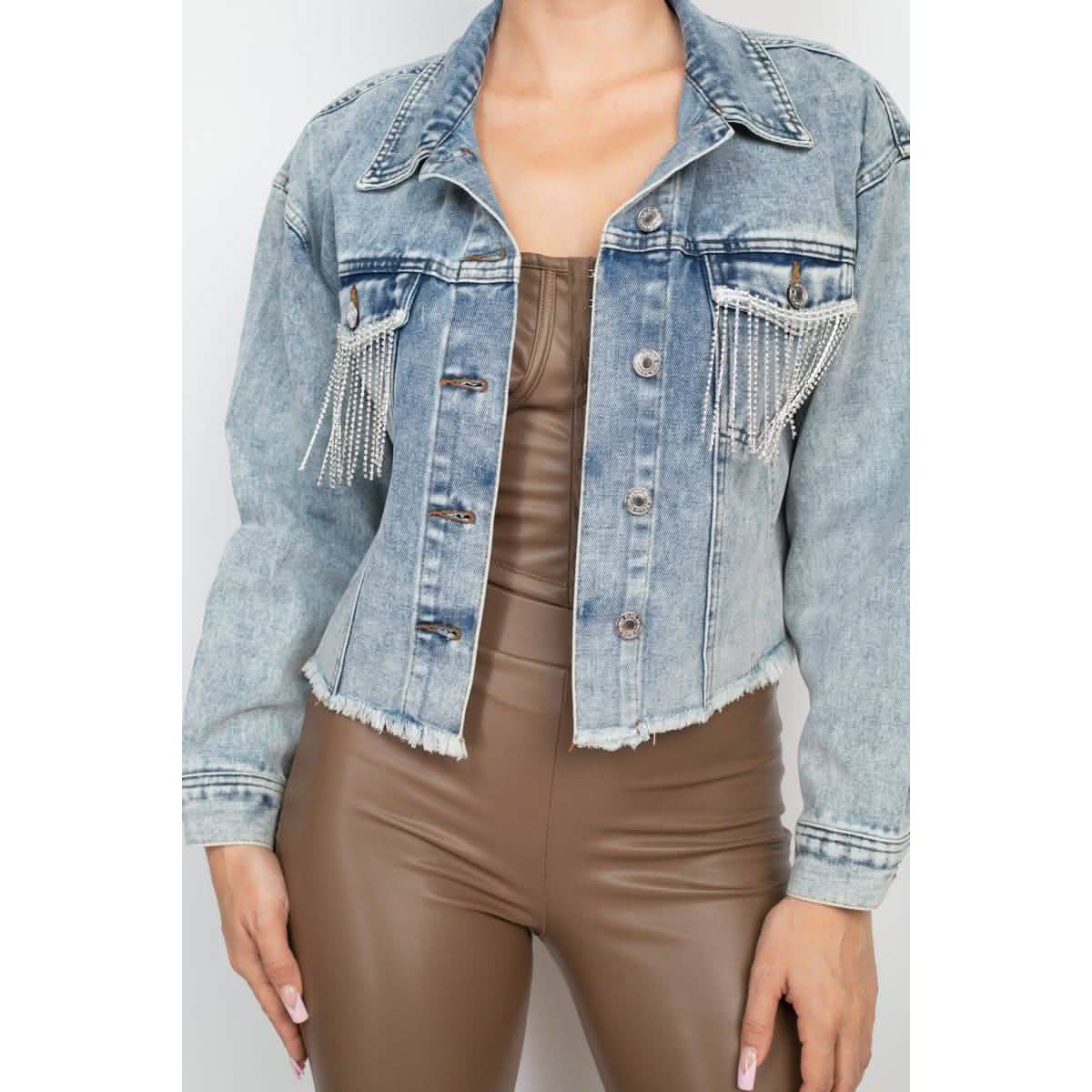 Accented Rhinestones Pocketed Denim Jacket Women's Outerwear - DailySale
