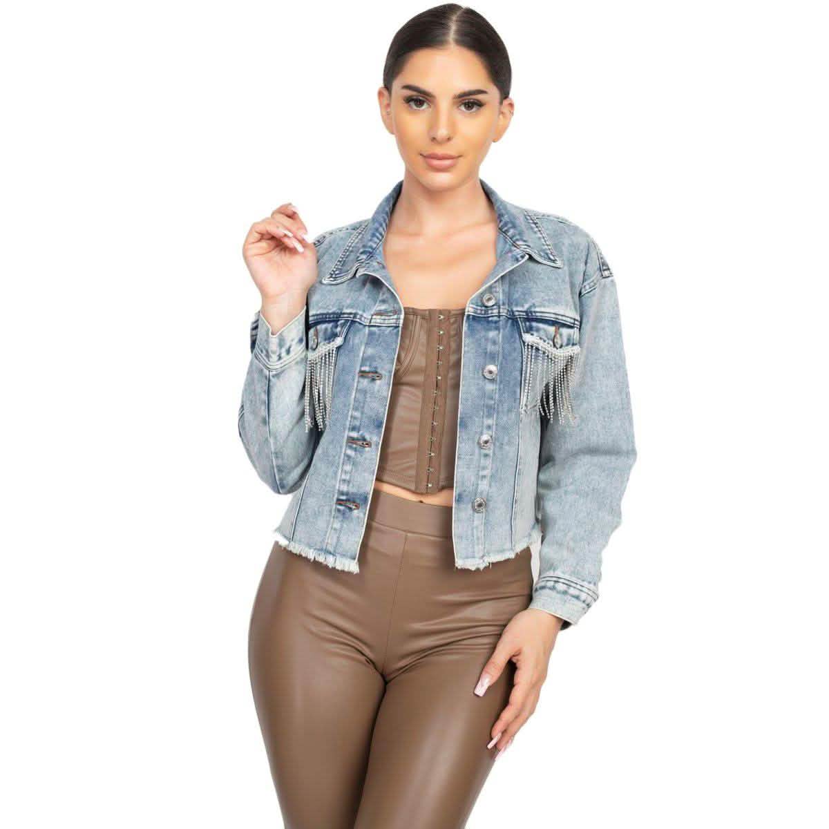 Accented Rhinestones Pocketed Denim Jacket Women's Outerwear S - DailySale