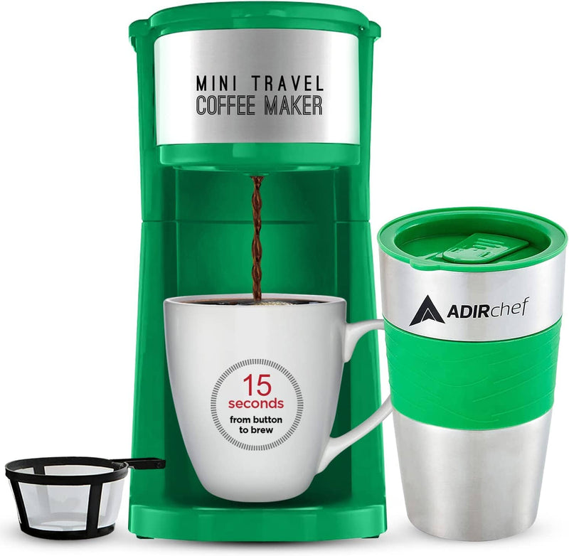 AdirChef Mini Travel Single Serve Coffee Maker & 15 oz. Travel Mug Coffee Tumbler & Reusable Filter Kitchen Appliances Green - DailySale