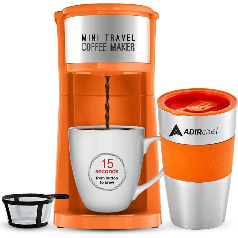 AdirChef Mini Travel Single Serve Coffee Maker & 15 oz. Travel Mug Coffee Tumbler & Reusable Filter Kitchen Appliances Orange - DailySale