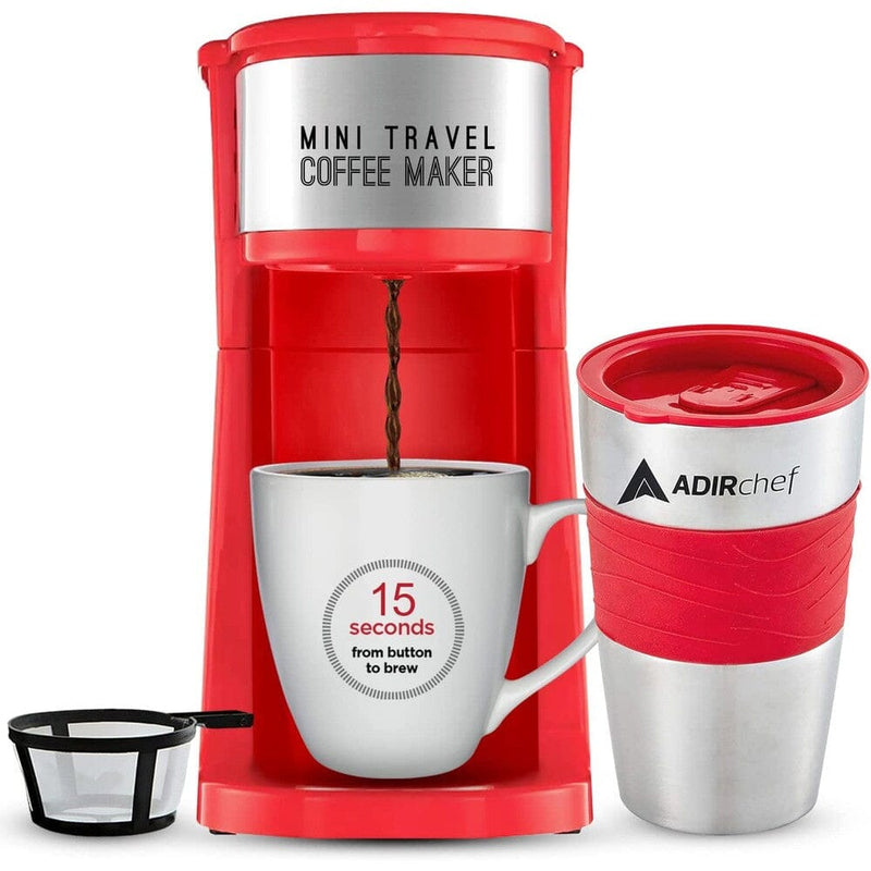 AdirChef Mini Travel Single Serve Coffee Maker & 15 oz. Travel Mug Coffee Tumbler & Reusable Filter Kitchen Appliances Red - DailySale