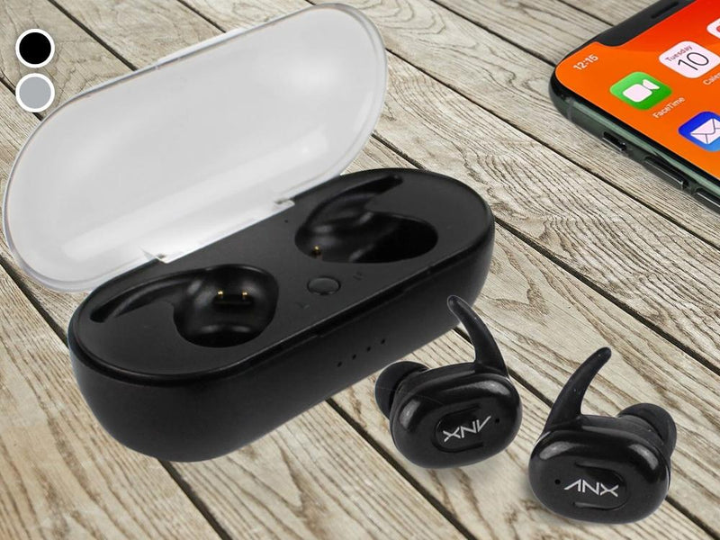 Aduro Sync-Buds True Wireless Earbuds with Charging Case placed on a wooden table showing two color options