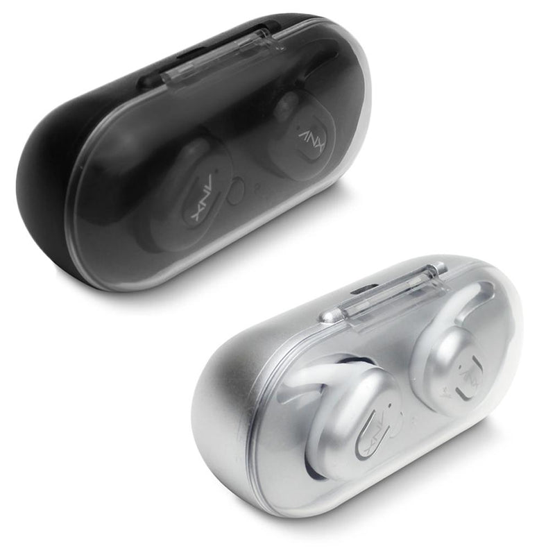 Black and silver Aduro Sync-Buds True Wireless Earbud sets with Charging Case