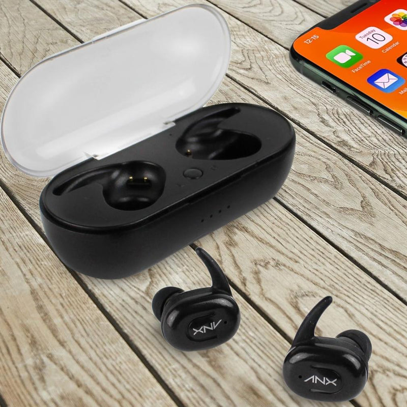 Aduro Sync-Buds True Wireless Earbuds with Charging Case placed on a wooden table