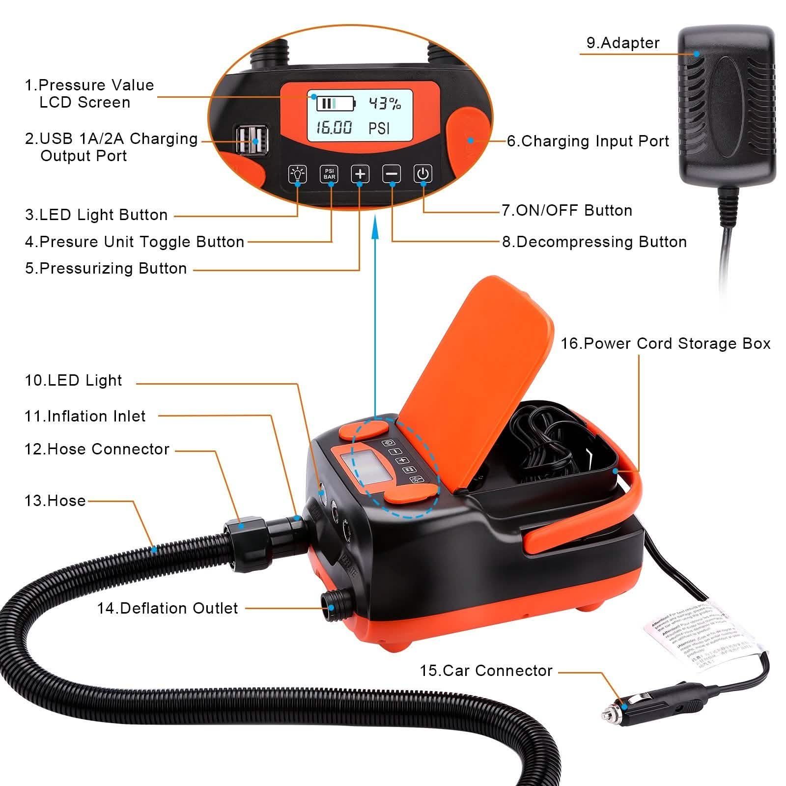 AGPtEK Electric Air Pump Digital 16PSI 12V Rechargeable SUP Electric Air Pump Compressor Automotive - DailySale