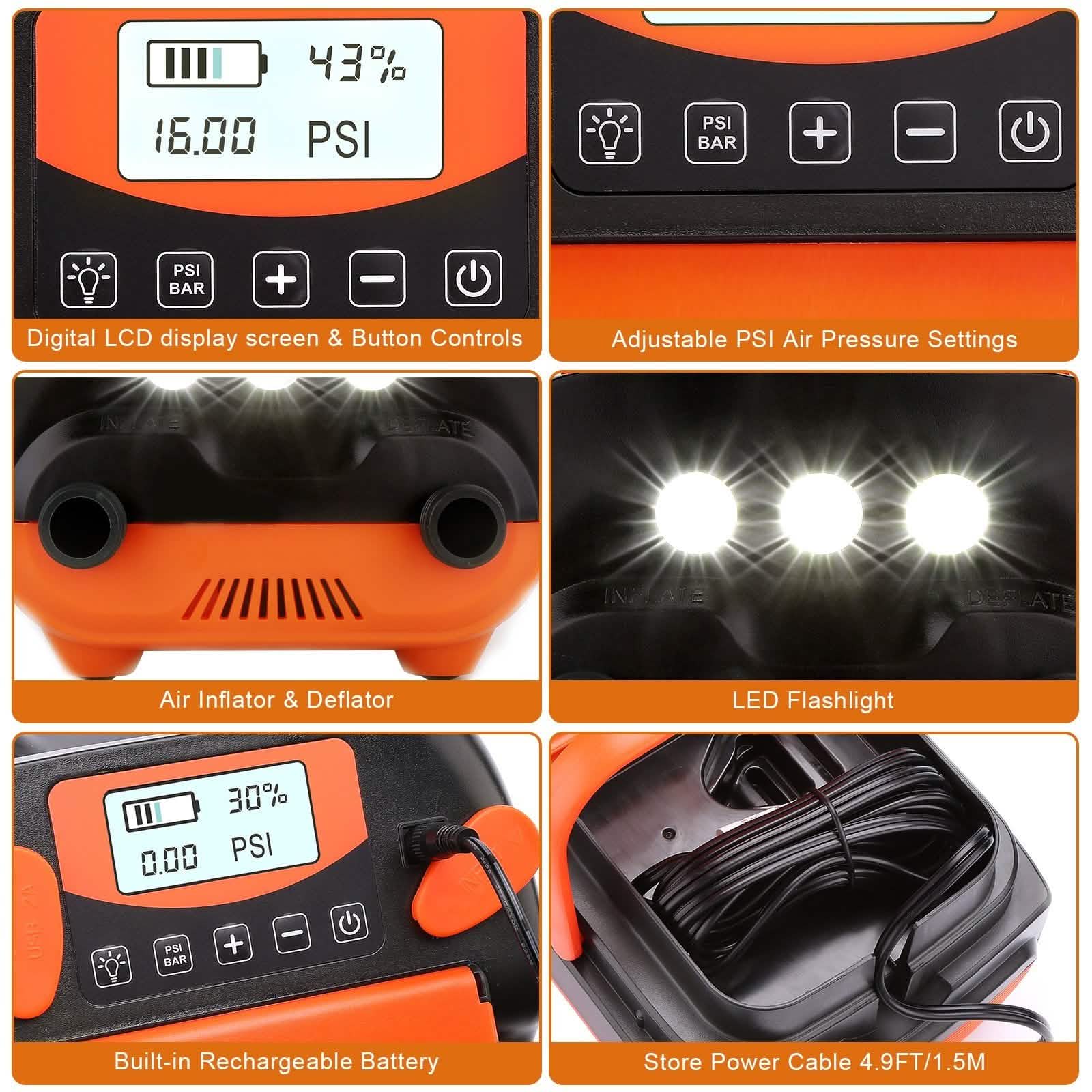 AGPtEK Electric Air Pump Digital 16PSI 12V Rechargeable SUP Electric Air Pump Compressor Automotive - DailySale