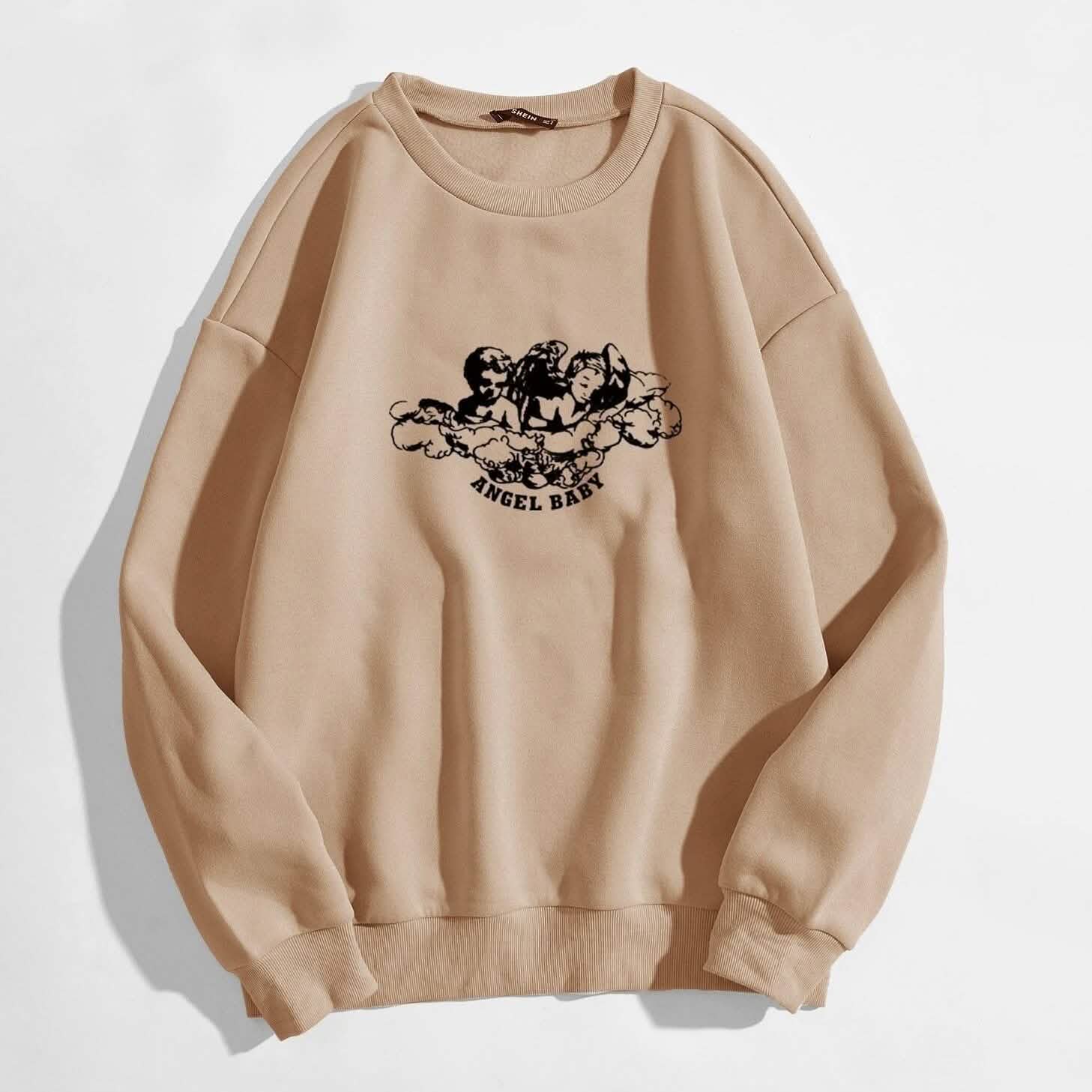 Angel and Letter Graphic Oversized Thermal Sweatshirt Women's Clothing Apricot S - DailySale