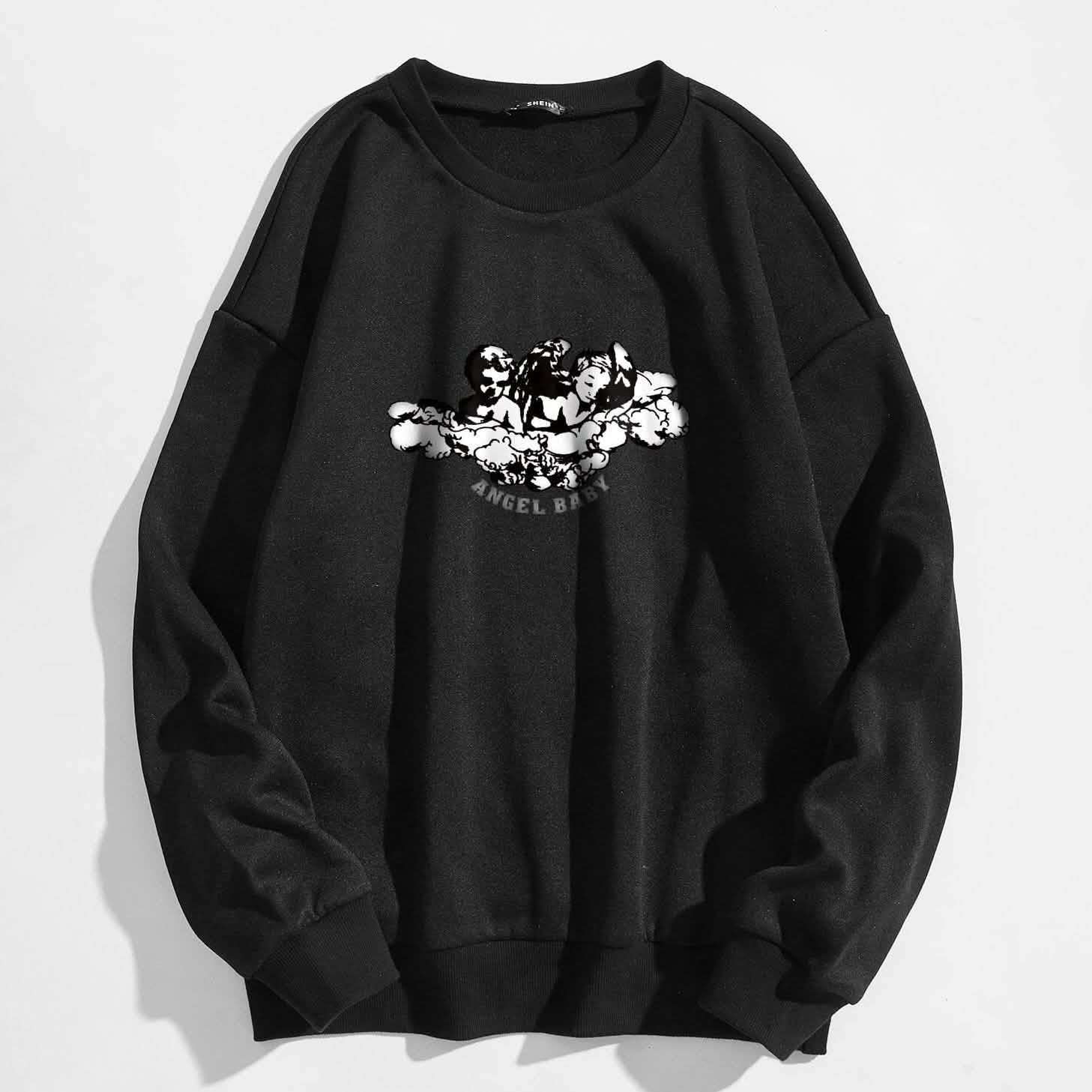 Angel and Letter Graphic Oversized Thermal Sweatshirt Women's Clothing Black S - DailySale