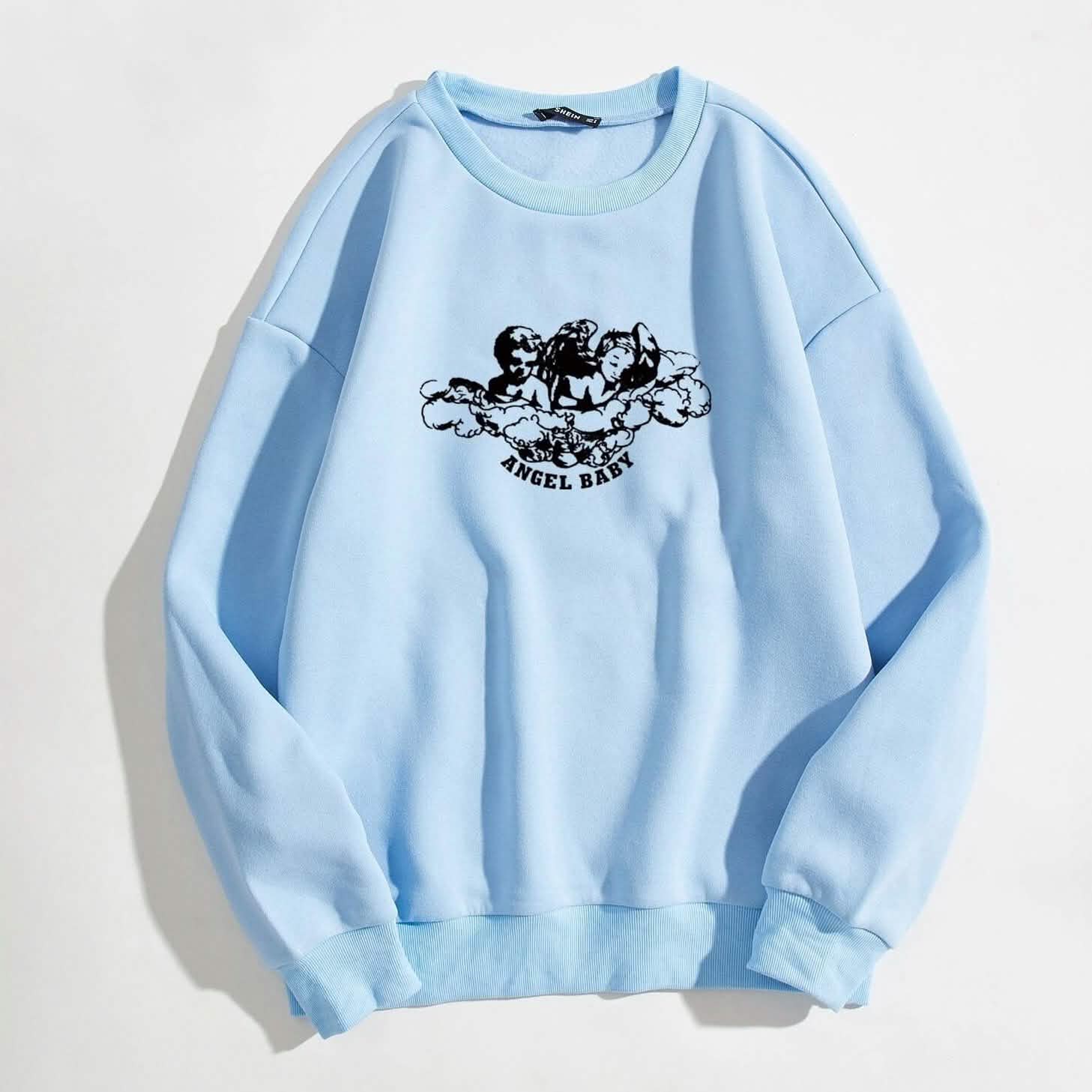 Angel and Letter Graphic Oversized Thermal Sweatshirt Women's Clothing Blue S - DailySale