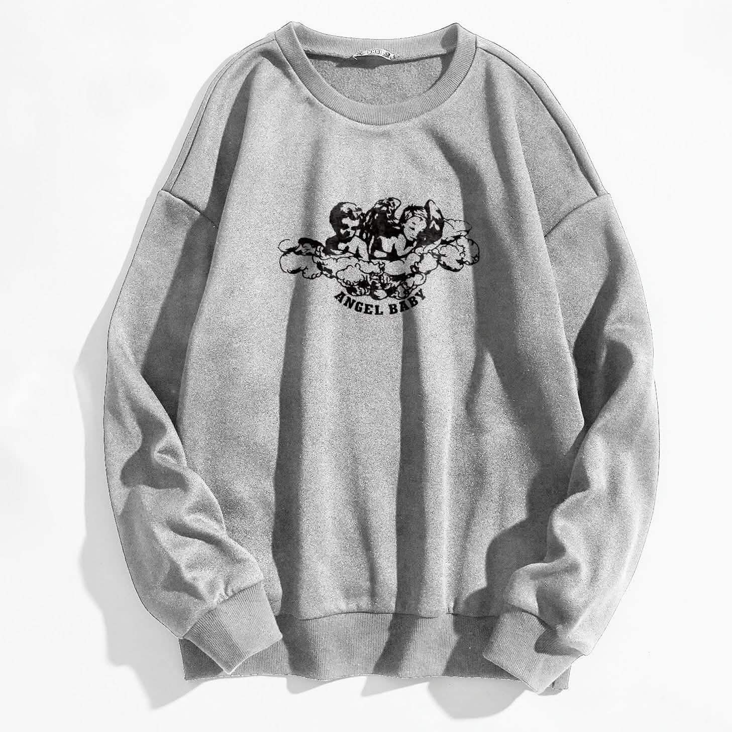 Angel and Letter Graphic Oversized Thermal Sweatshirt Women's Clothing Gray S - DailySale