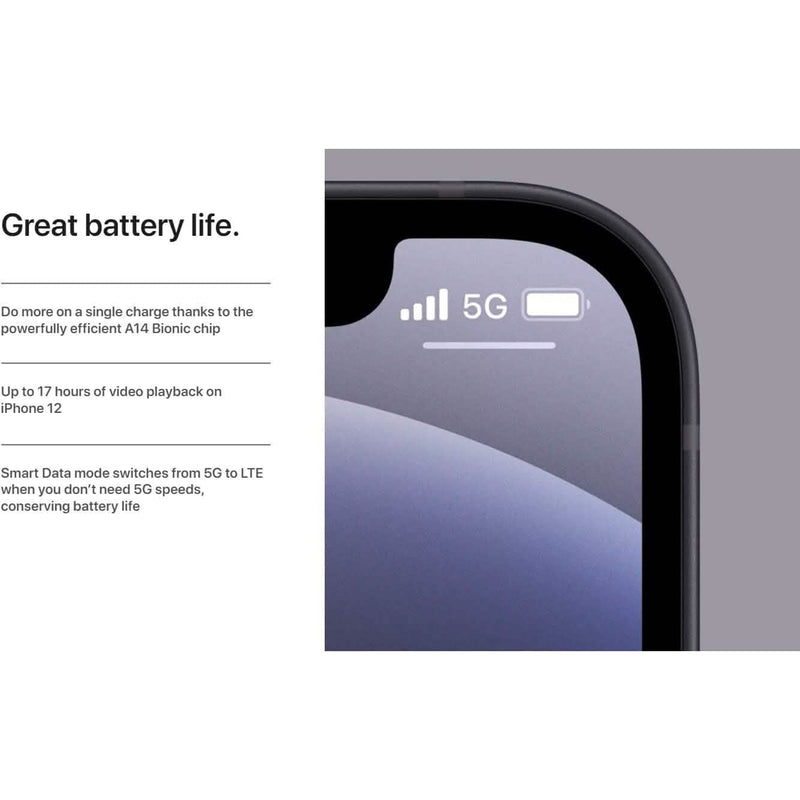 Closeup of the top right corner of an Apple iPhone 12 Mini - Fully Unlocked (Refurbished) showing the state of battery and bars of connectivity