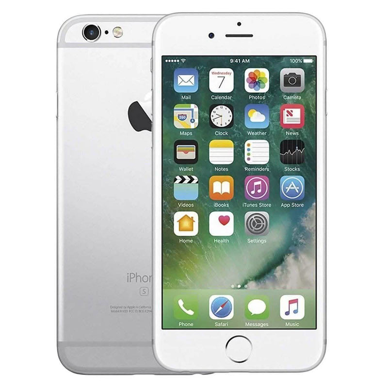 Front and back of Apple iPhone 6S Fully Unlocked (Refurbished) shown in silver