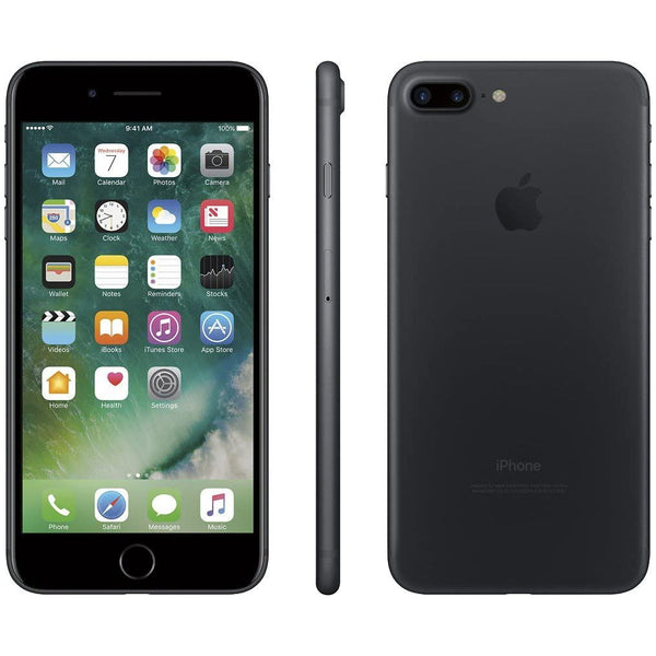 Front, side, and back view of a black Apple iPhone 7 Plus - Fully Unlocked (Refurbished)