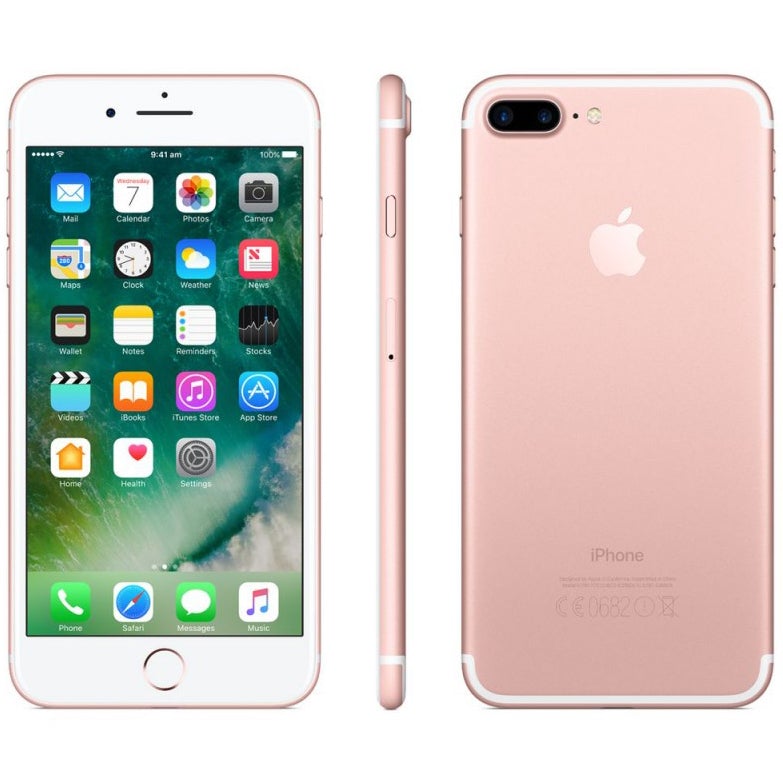 Front, side, and back view of a rose Apple iPhone 7 Plus - Fully Unlocked (Refurbished)