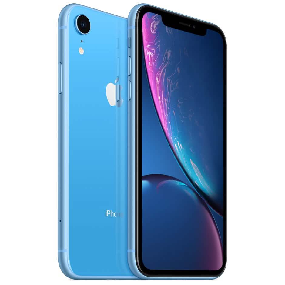 Angled view of front and back of Apple iPhone XR - Fully Unlocked (Refurbished) in blue