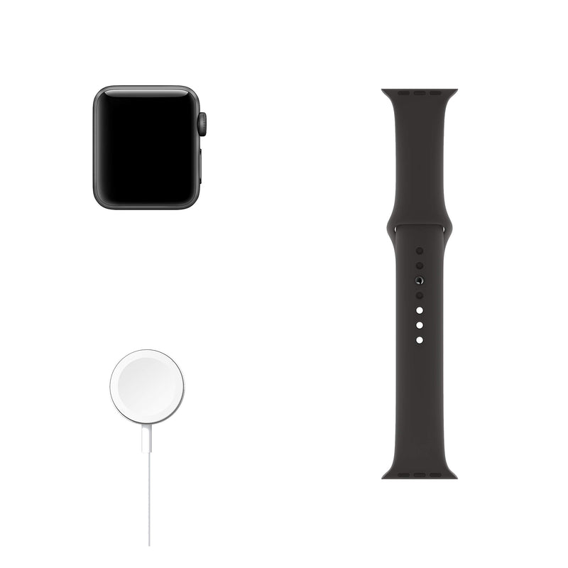 Black Apple Watch Series 3 GPS (Refurbished) shown with accessories