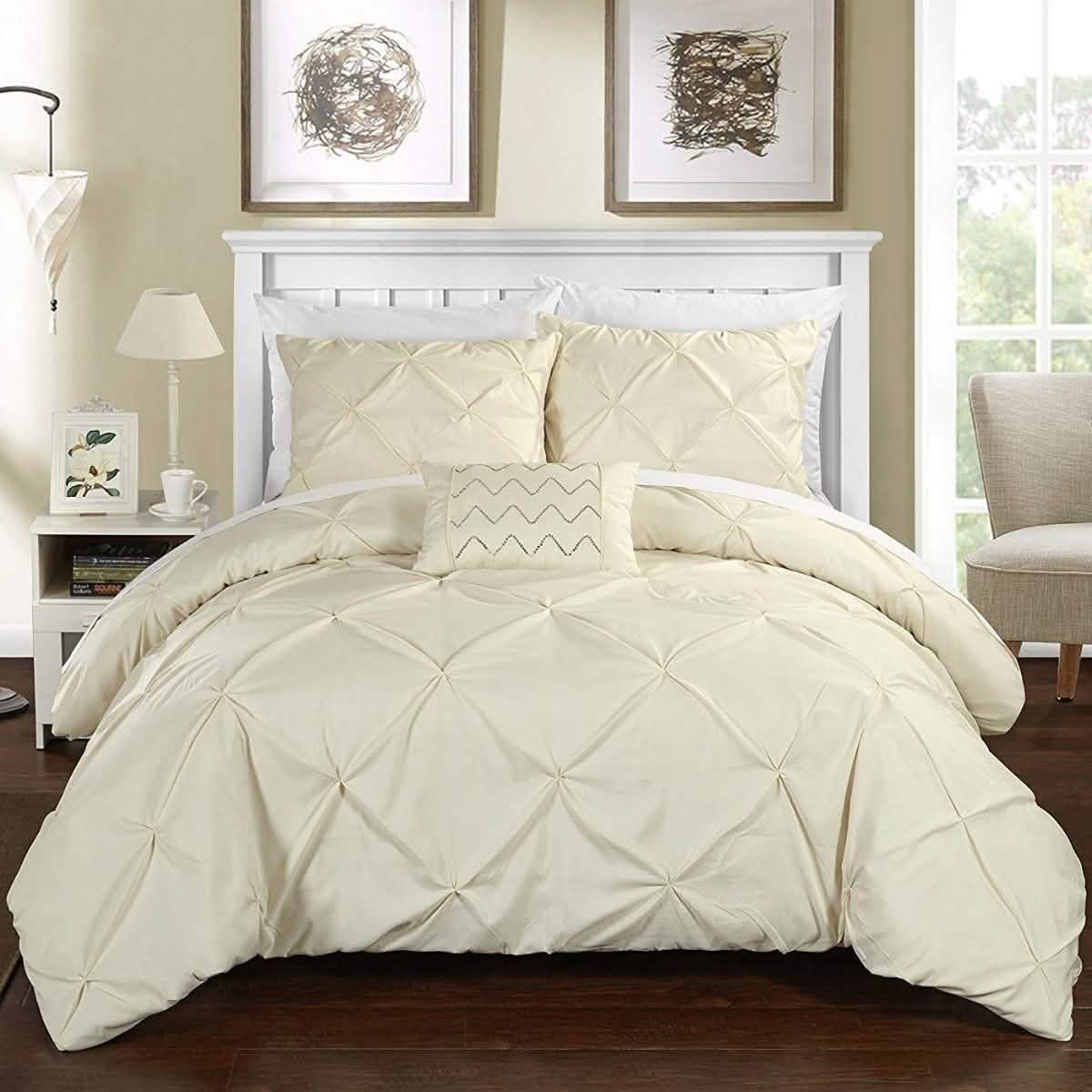 Armi Pinch-Pleated Microfiber Duvet Cover Set Linen & Bedding King Beige - DailySale