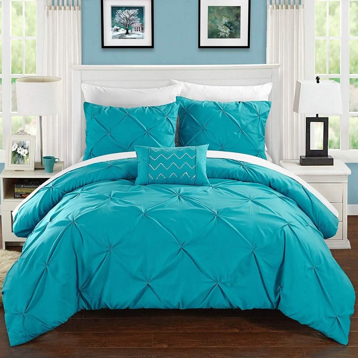 Armi Pinch-Pleated Microfiber Duvet Cover Set Linen & Bedding King Turquoise - DailySale