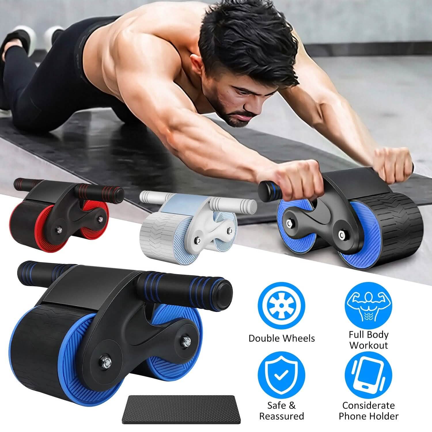 Automatic Rebound Anti-Slip AB Roller Wheel with Kneel Pad Holder Fitness - DailySale