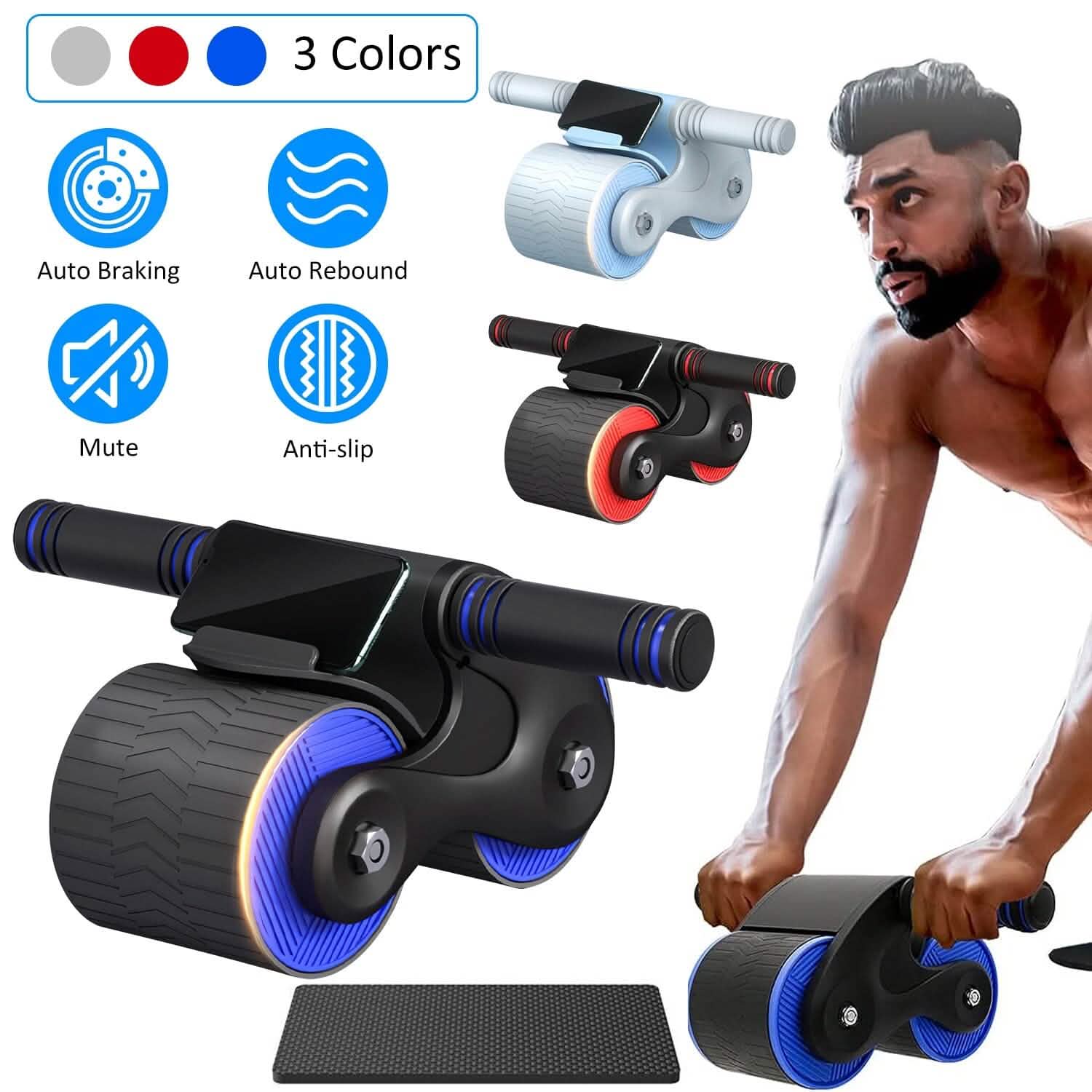Automatic Rebound Anti-Slip AB Roller Wheel with Kneel Pad Holder Fitness - DailySale