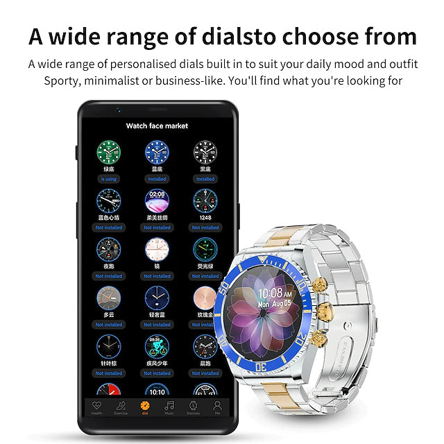 AW12 Smart Watch beside a smartphone, text and description at top of image