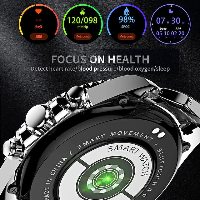closeup of back of AW12 Smart Watch face, 4 circles at top of image with watch features