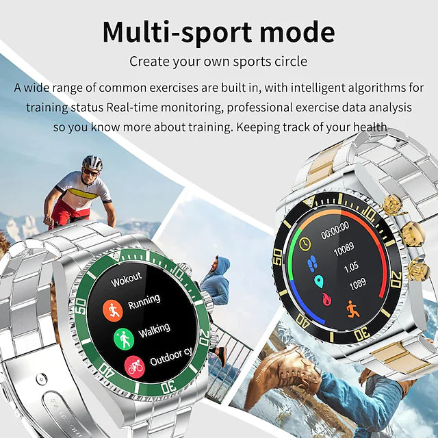 2 AW12 Smart Watches, 3 images of people excercising in background, description at top of image