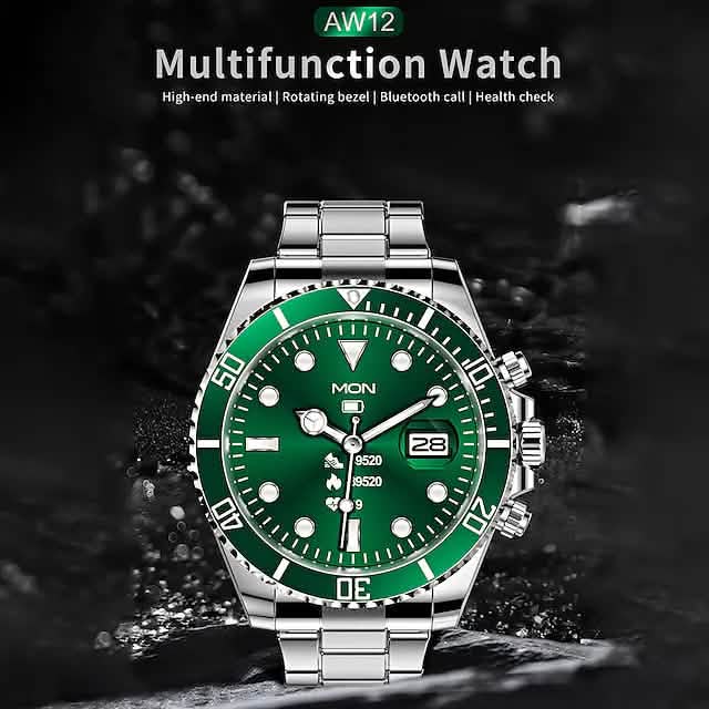 front view of AW12 Smart Watch, "Multifunction Watch", text at top of screen