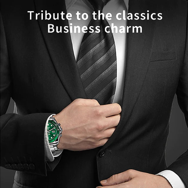 AW12 Smart Watch on wrist of person in a business suit, "Tribute to the classics Business charm" text at top of image