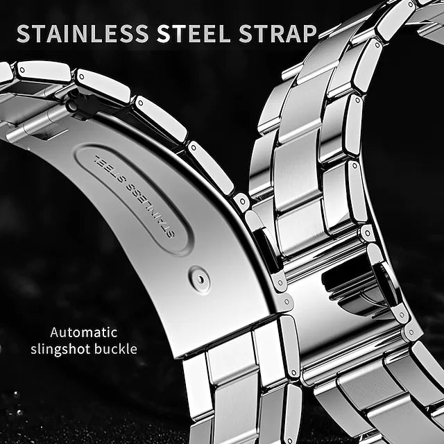the strap of AW12 1.28-Inch Smart Watch, "Stainless steel strap" text at top of image