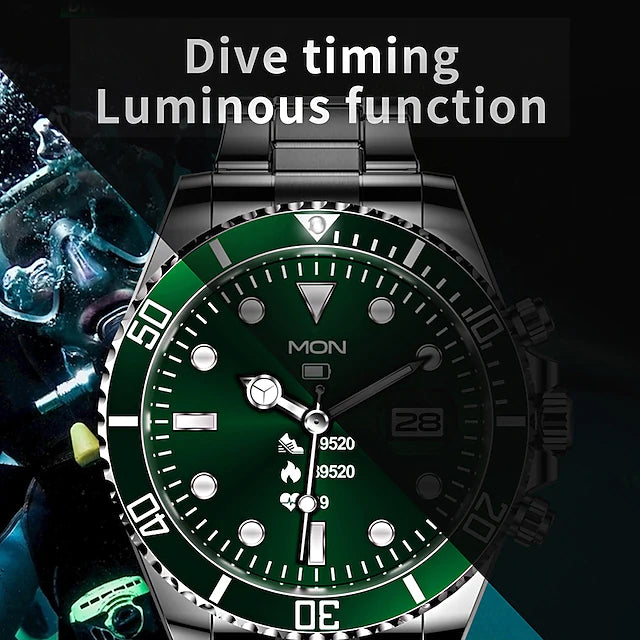 Front view of Smart Watch face underwater with scuba diver, "Dive timing Luminous function" text at top of image