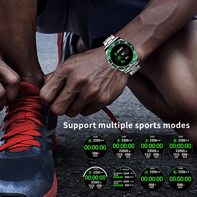 AW12 1.28-Inch Smart Watch on wrist of person tying shoe, 8 circles in bottom right corner of image, "Support multiple sport modes", text above the 8 circles