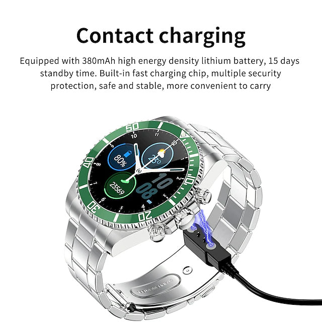 AW12 Smart Watch being charged, "contact charging" text at top of image, description right below text