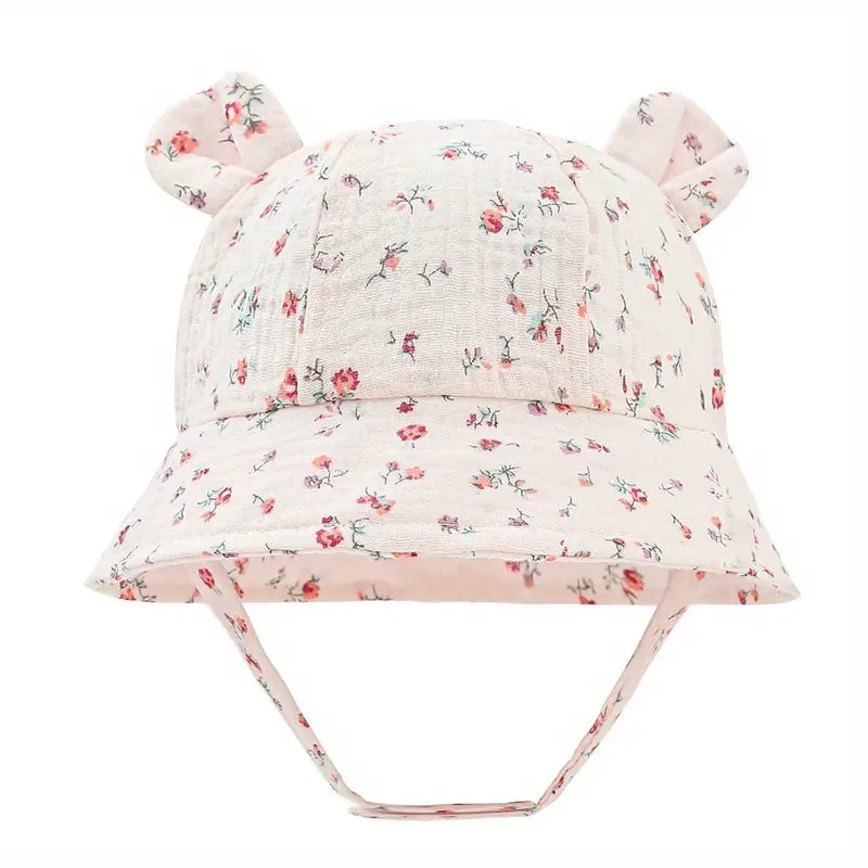 Baby Summer Beach Adjustable Bucket Cute Cotton Hat with Ears Baby Pale Pinkish Gray - DailySale