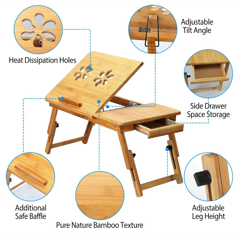 Bamboo Laptop Desk with Side Storage Drawer Computer Accessories - DailySale