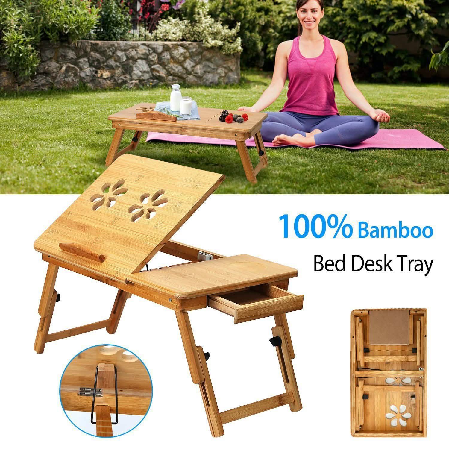 Bamboo Laptop Desk with Side Storage Drawer Computer Accessories - DailySale