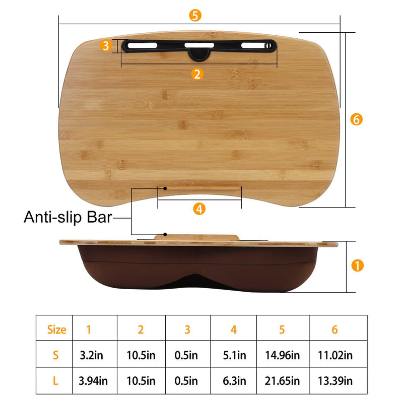 Top and side views of the Bamboo Laptop Lap Desk with Pillow Cushion Stand Holder Table showing length, height, and depth dimensions for both the small and large models