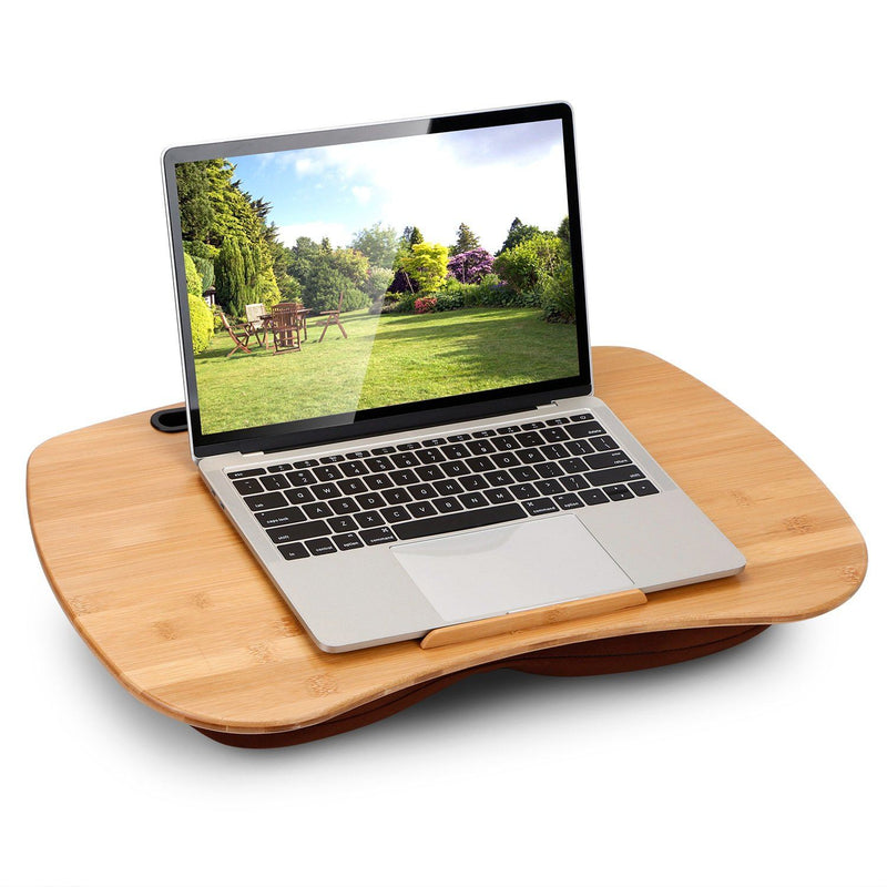 Laptop computer resting on a Bamboo Laptop Lap Desk with Pillow Cushion Stand Holder Table displayed over a white background