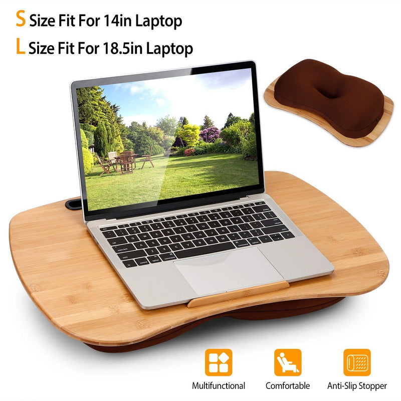 Laptop computer resting on a Bamboo Laptop Lap Desk with Pillow Cushion Stand Holder Table showing small and large-size dimensions displayed over a white background. Includes an insert showcasing the pillow side