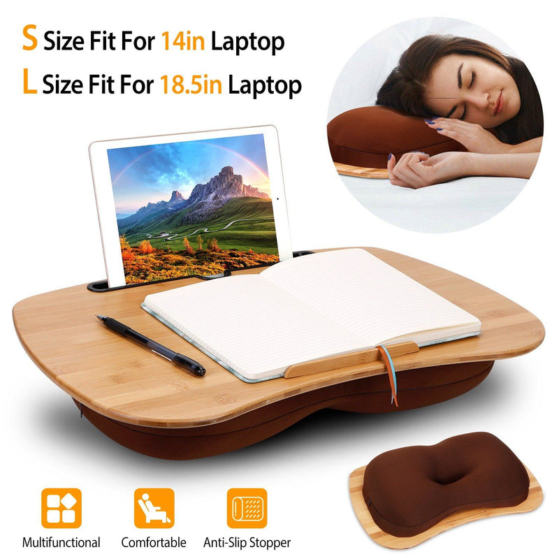 Bamboo Laptop Lap Desk with Pillow Cushion Stand Holder Table with an open book and pen on top, and iPad in the slot, an overimposed image of a woman resting her head on the pillow side, and a small insert showing just the pillow side. Includes physical dimensions